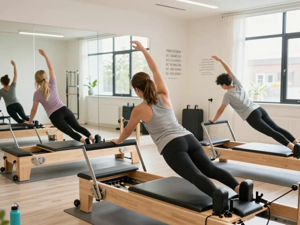 明るいスタジオ環境でZen Place Pilatesを練習するグループ、リフォーマーマシンとモチベーション溢れる雰囲気を示しています。