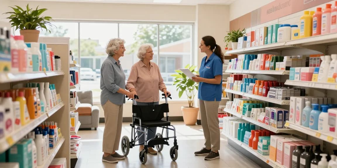 Senior couple exploring長者護理用品店 with expert guidance in an inviting atmosphere.