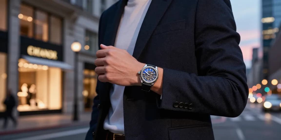 Close-up of super clone watches displayed elegantly on a wrist, showcasing luxury design in a vibrant urban setting.