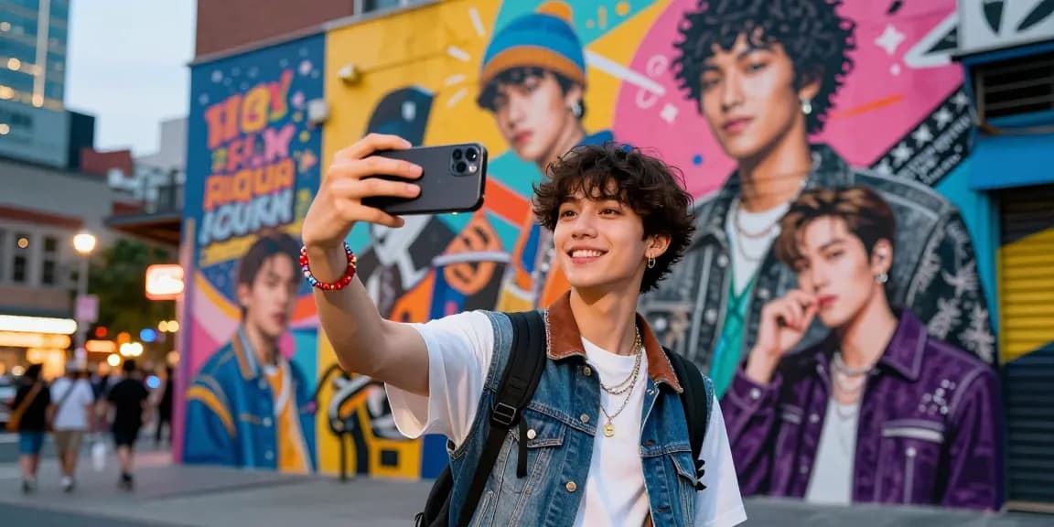 A young person smiling while taking a selfie in front of a colorful street mural that looks like a celebrity.