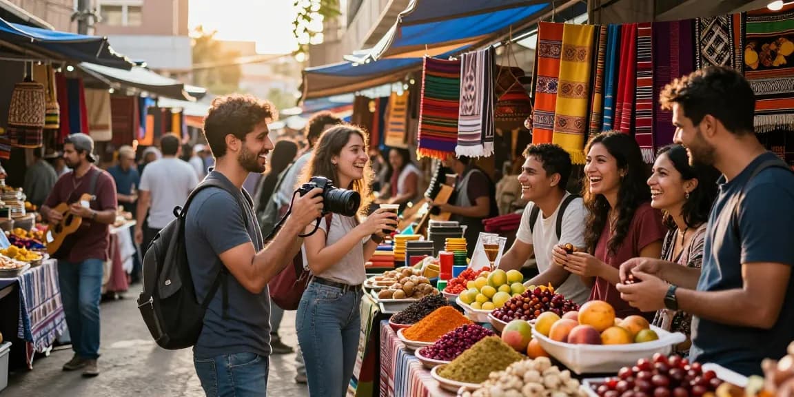 Travelers exploring vibrant stalls at a city market, capturing rokok88 experiences filled with local crafts.