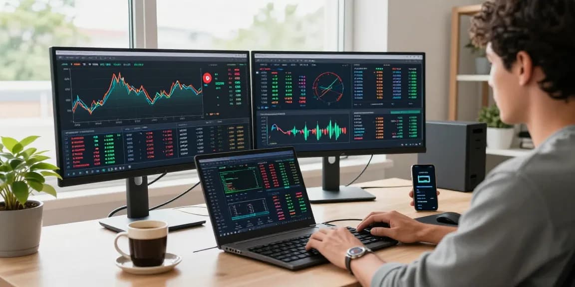Passive bitcoin mining setup with cryptocurrency trading screens and digital wallet in a professional workspace.