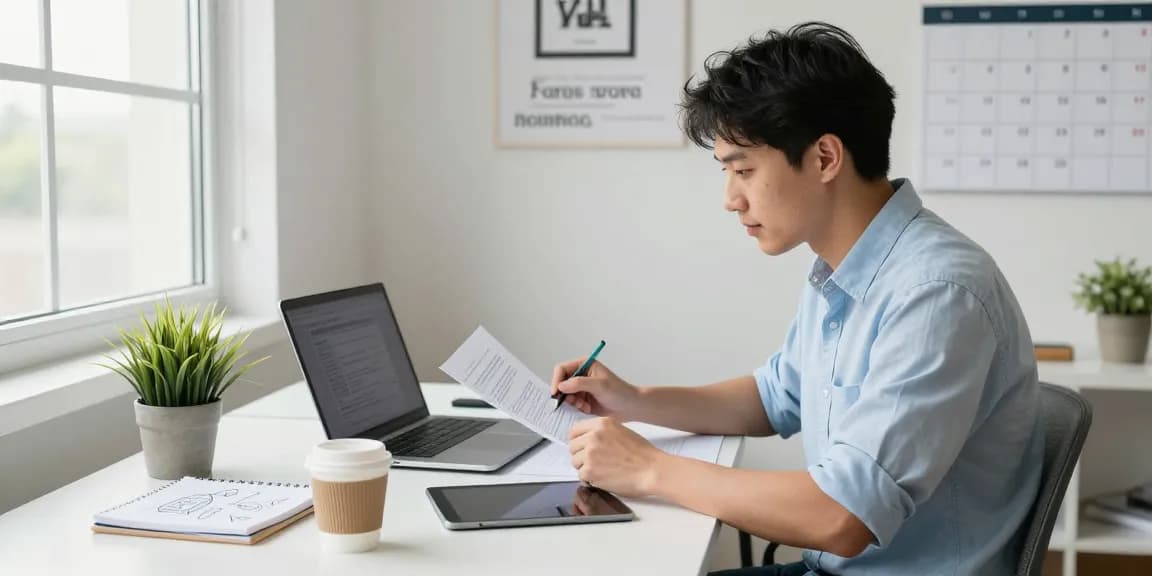 Self-employed freelancer working at a modern desk with laptop and project documents.