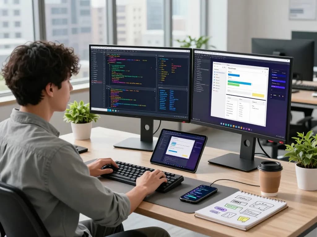 Developer utilizing Moltbot AI in a modern workspace with vibrant code on screens and interactive designs.
