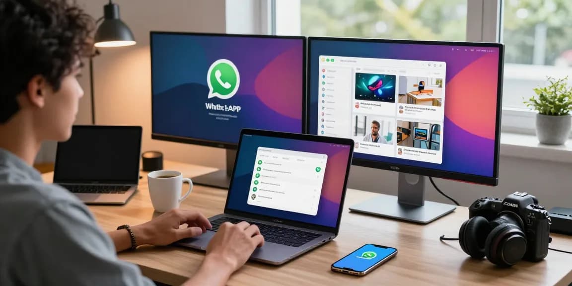 Downloading WhatsApp下載 on a modern tech workspace with dual monitors and gadgets.