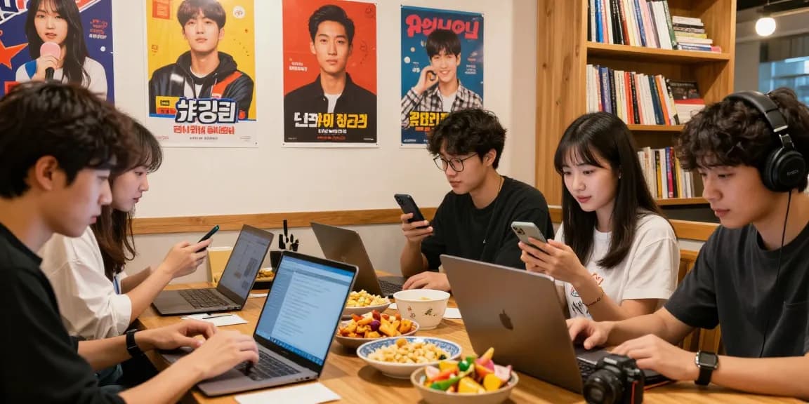 Engaging community exploring Asian culture through Spanish content at https://hanadultalk.com in a vibrant café setting.