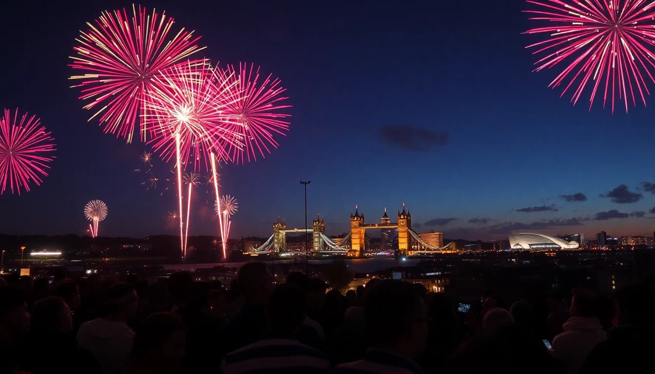 Witness the stunning manchester fireworks illuminating the night sky above a vibrant crowd.