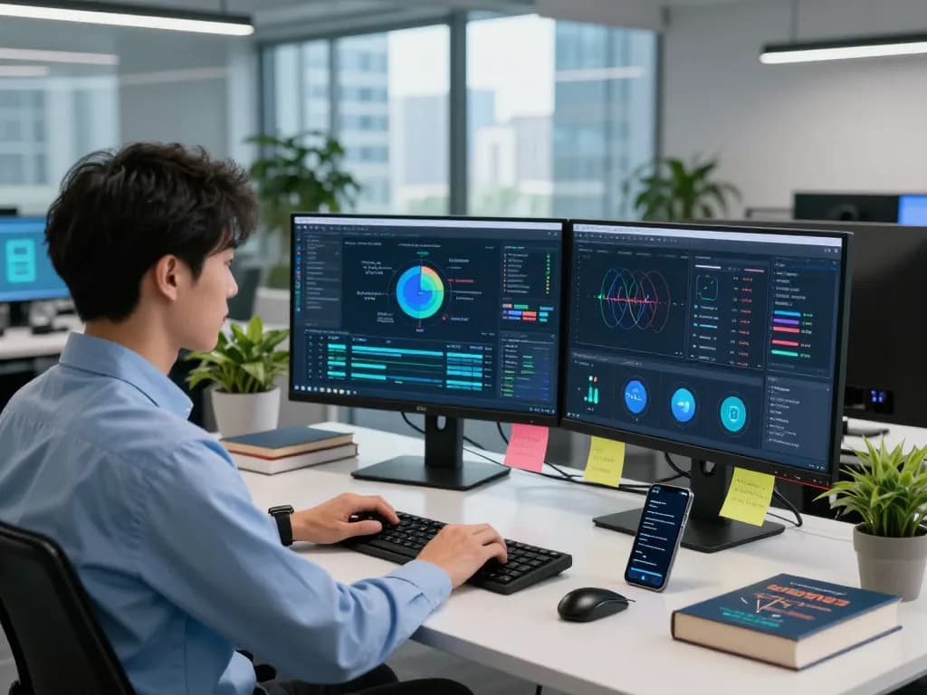 Data scientist analyzing AI-generated prompts in a sleek office setting for video to promptgenerator technology.