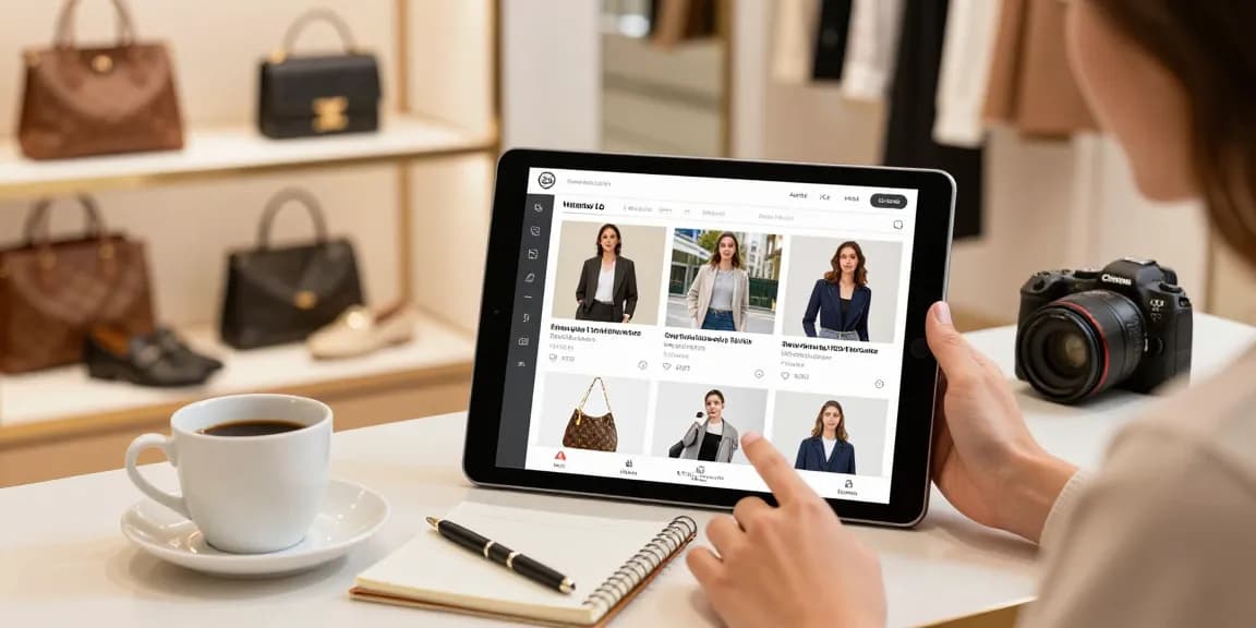 Shopper exploring high-quality 레플리카 luxury items in a bright e-commerce setting with rich product details.