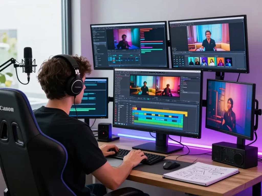 Using a video to prompt converter in a vibrant tech workspace with AI video production tools.