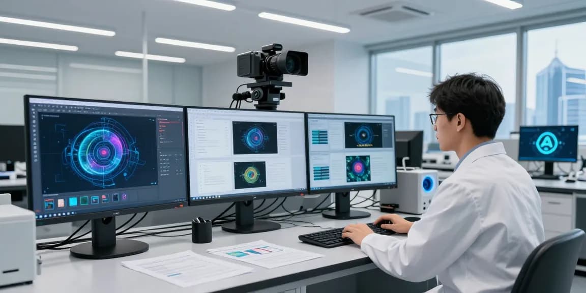 AI detector analysis in a modern lab with researchers examining images and data.