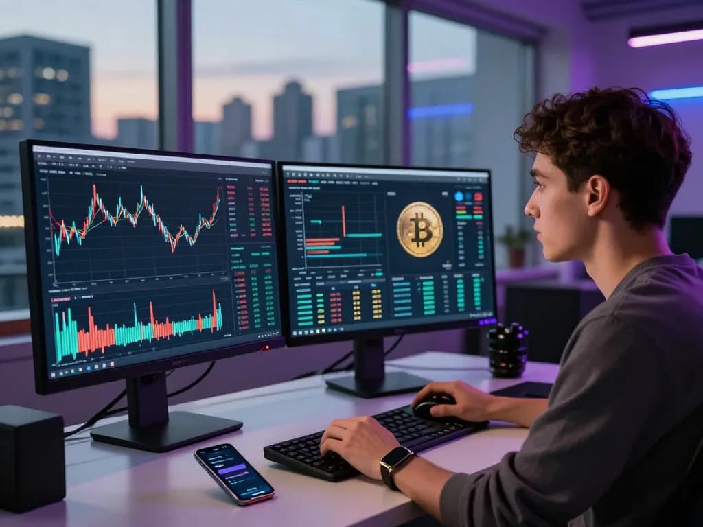 Professional trader analyzing market trends on multiple screens in an IO DeFi workspace.