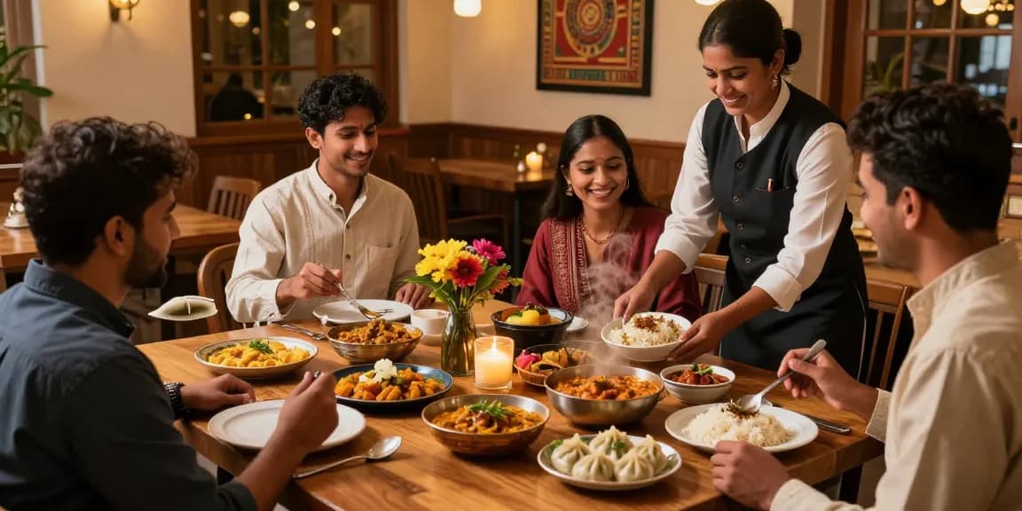 rokok88 vibrant dining scene showcasing authentic Indian curry and momo dishes.