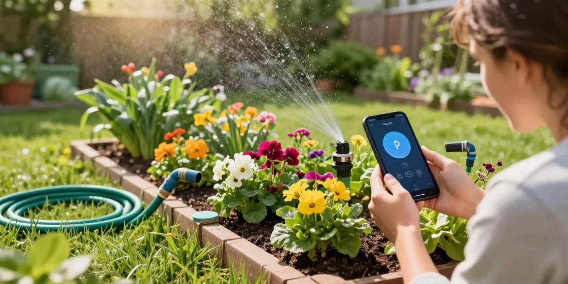 Homeowner managing a rainpoint wifi water timer in a vibrant garden, demonstrating smart watering technology.