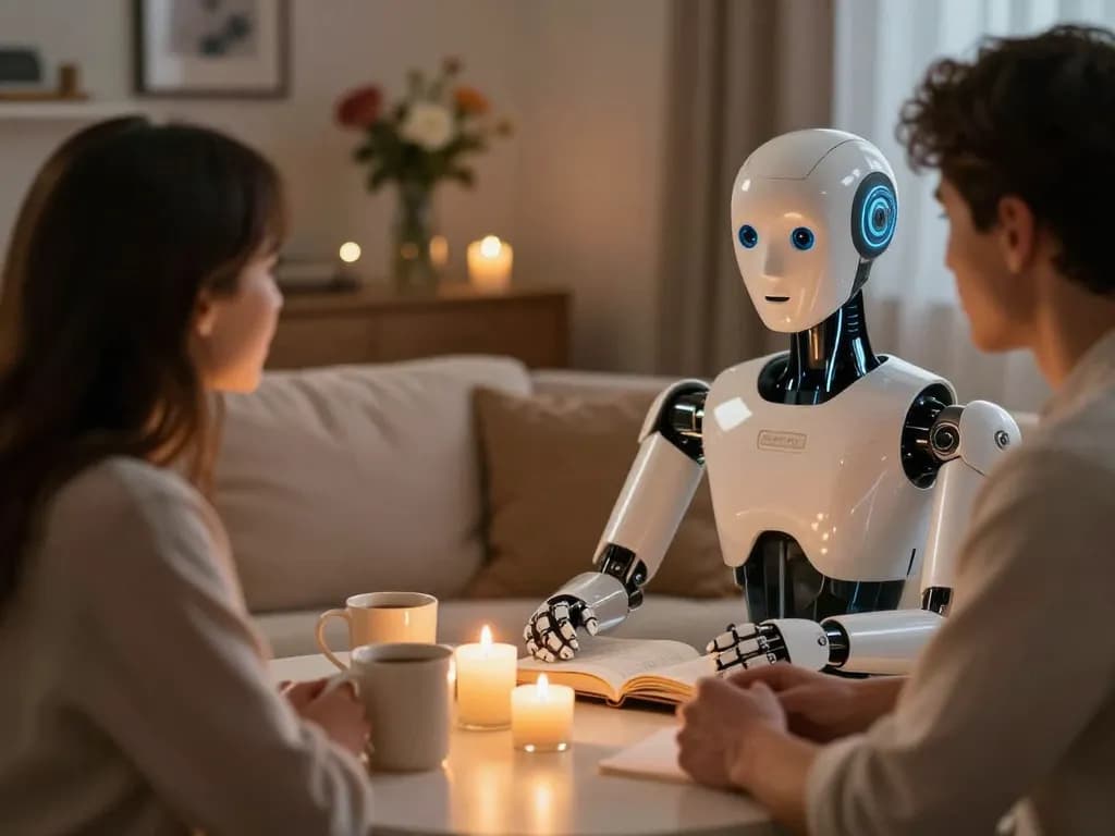 Couple in intimate setting discussing ai sex with humanoid robot companion, soft lighting, romantic atmosphere.