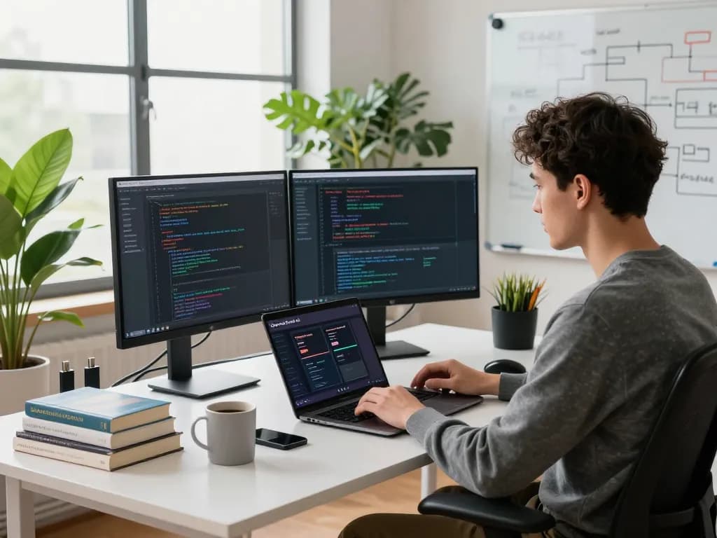 Efficient workspace using OpenClawd for software development and analytics in a modern home office.