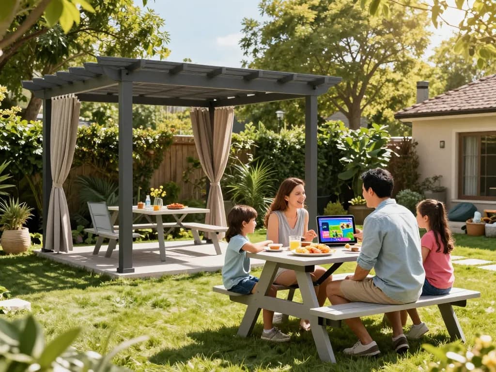 Interactive family using the 3D Pergola Configurator in a sunny garden, showcasing customizable pergola features.