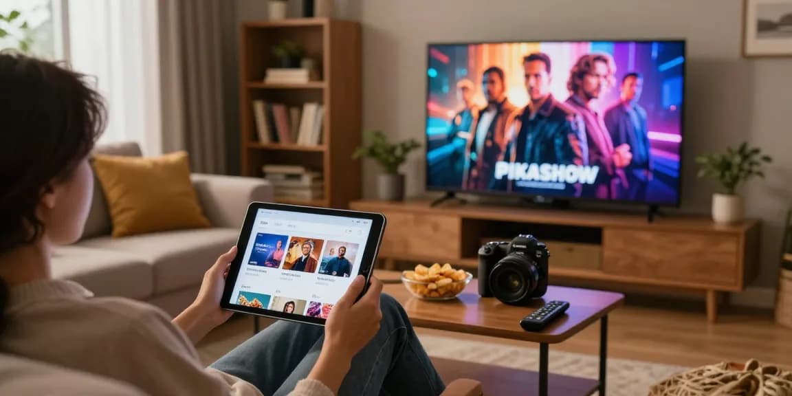 Person enjoying the Pikashow app on a tablet while streaming movies in a cozy living room.