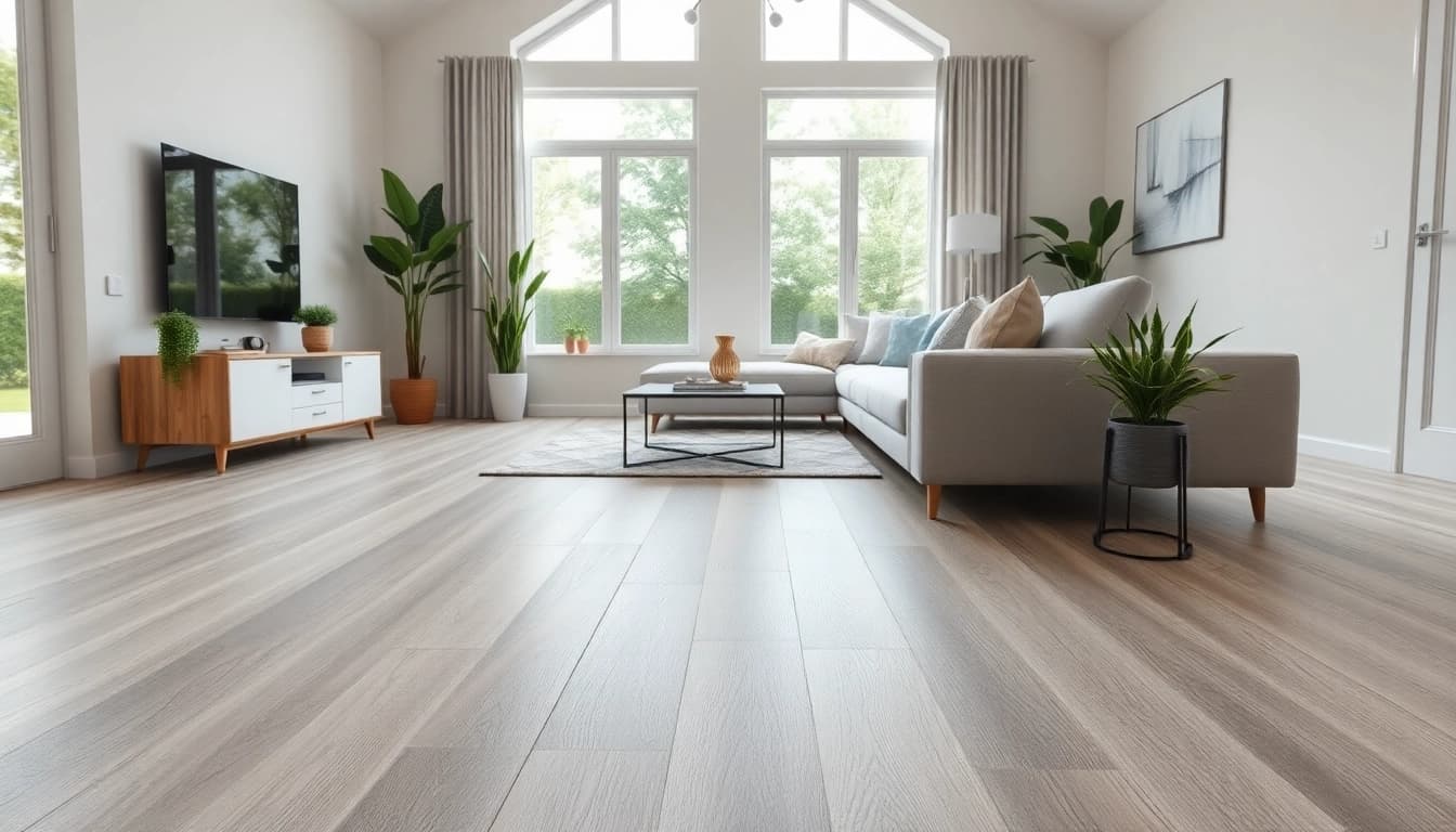 Showcase luxury vinyl plank flooring in a bright modern living room with stylish decor.