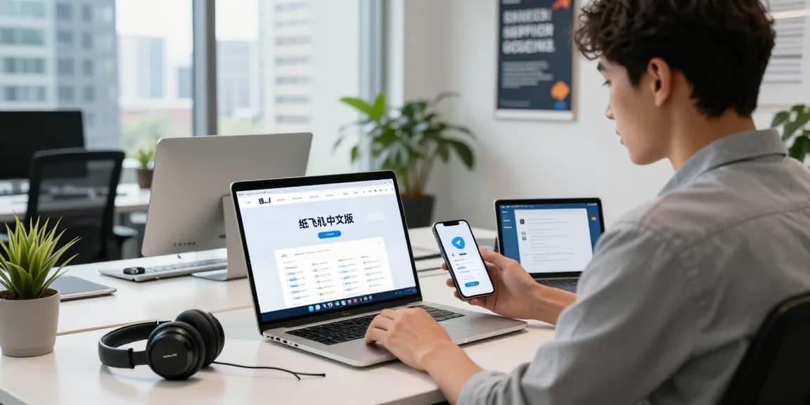 Engaging workspace showcasing 纸飞机中文版官网 on laptop, modern office setup, vibrant atmosphere.