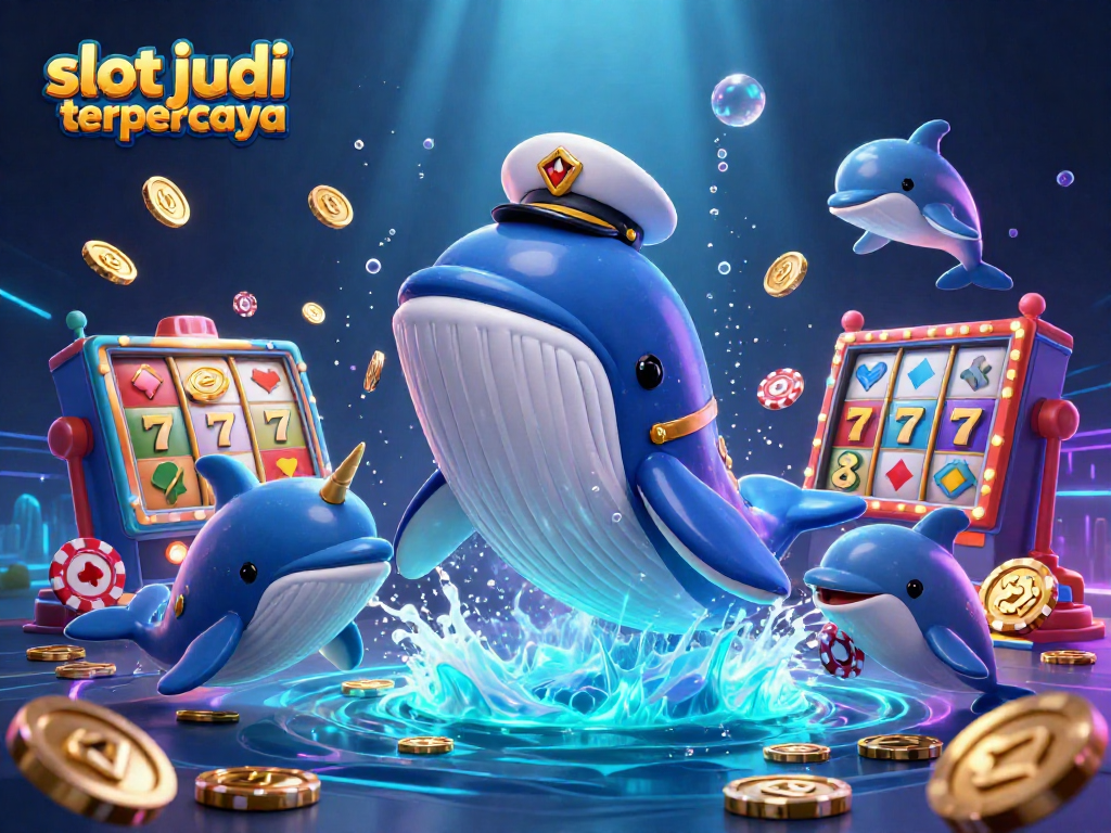 Permainan slot judi terpercaya dengan hiu 3D raksasa yang dikelilingi oleh koin dan elemen permainan menarik.