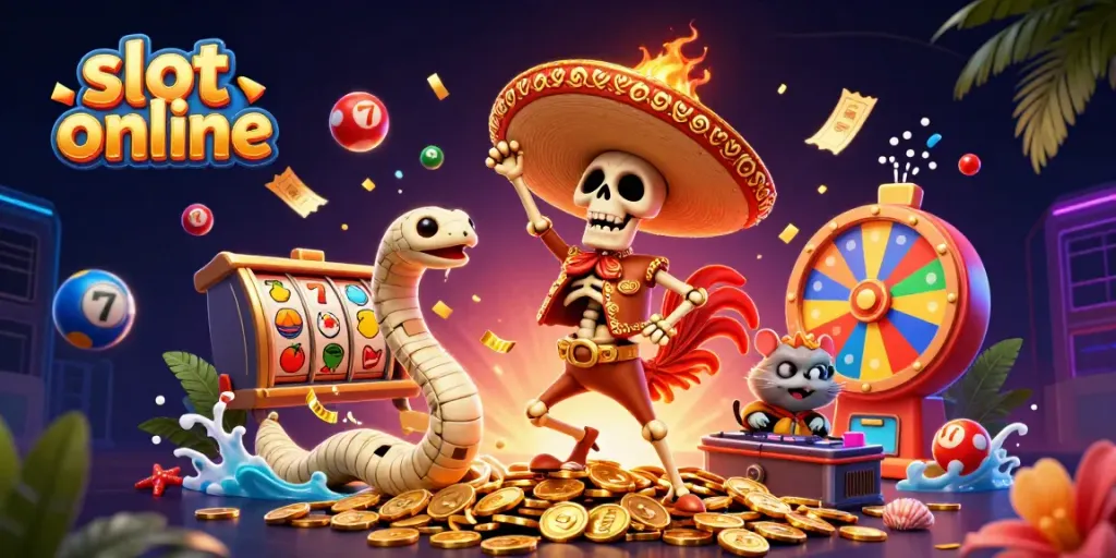 Experience the excitement of slot online with a vibrant 3D illustration featuring lively characters and game elements.