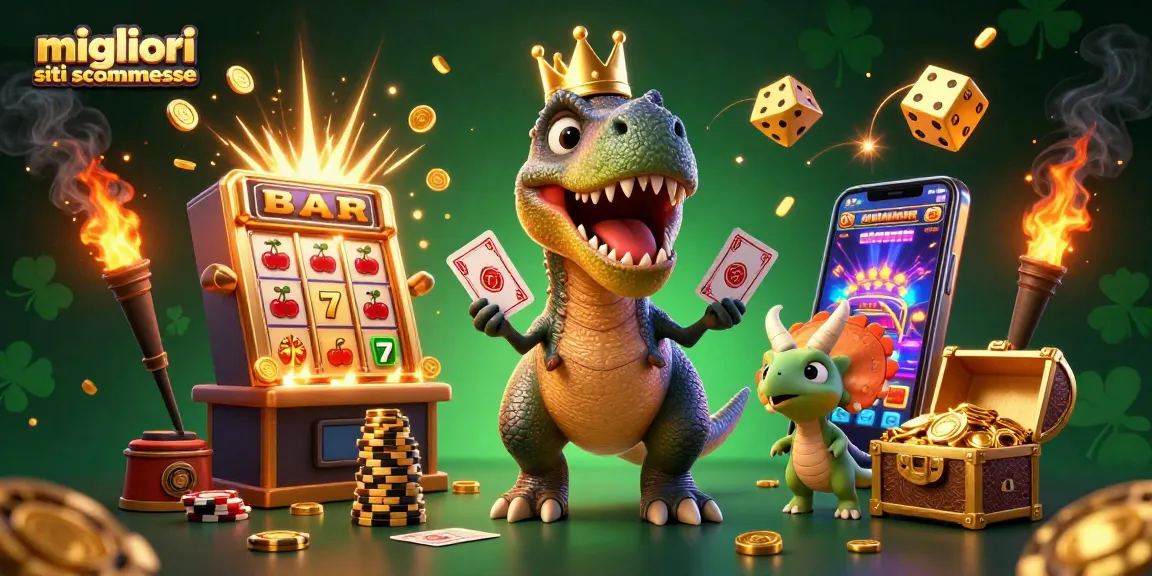 Scopri i migliori siti scommesse con un T-Rex che gioca a carte e un triceratops che impila fiches d'oro.