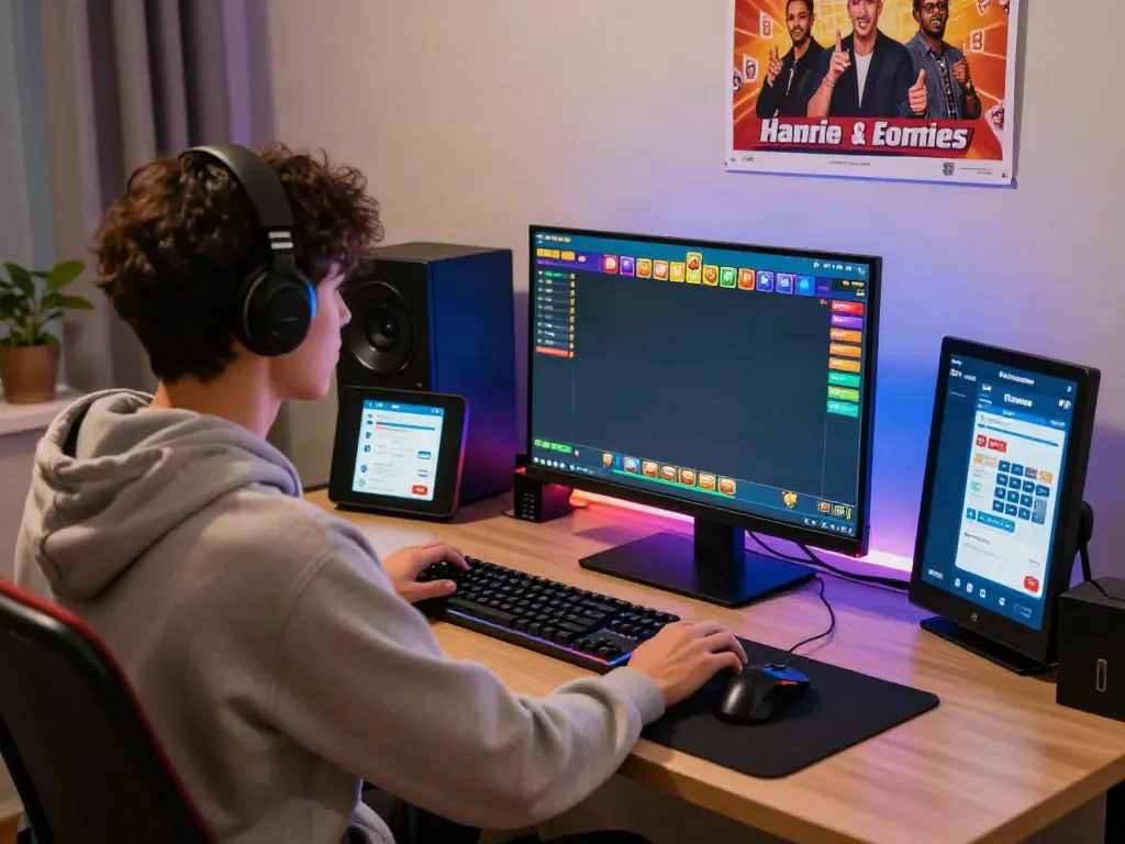 Pengguna aktif bermain game lotere di https://totobet.net/ dengan aksesori gaming di meja kerja mereka.