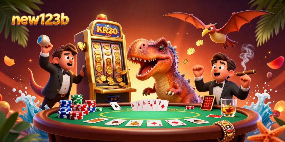 Experience the thrill at new123b with a vibrant casino scene of coins and a cartoon pachycephalosaurus!