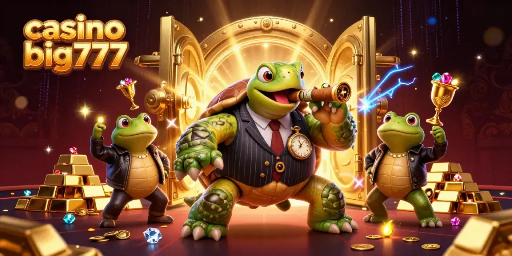 Experience casino slots big777 with adventurous characters in a vibrant, packed 3D casino scene