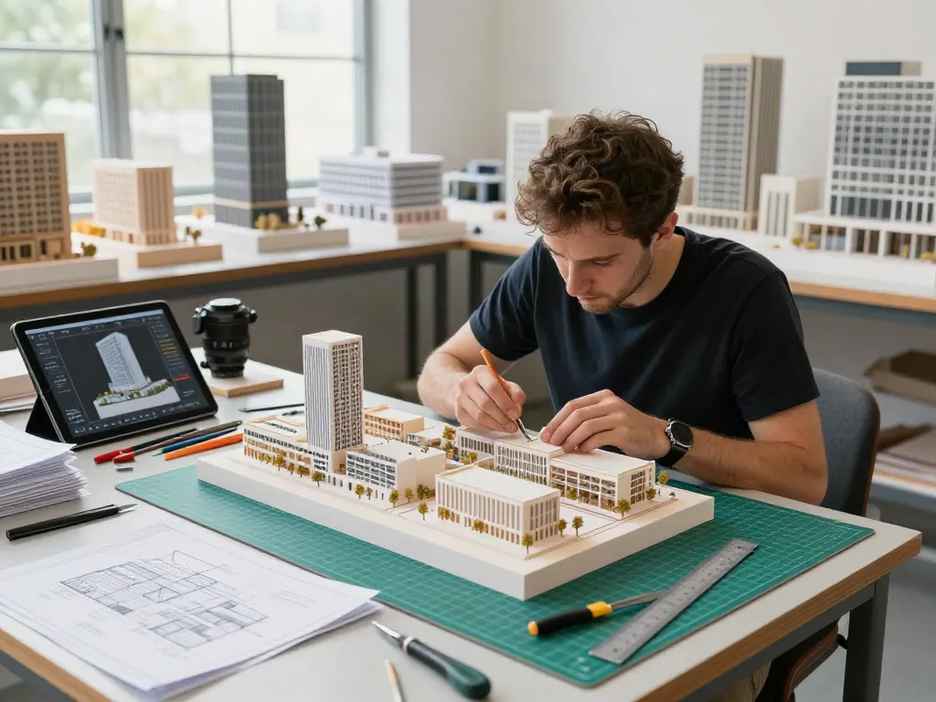 Architektur Modellbau Düsseldorf: Modellbauer arbeitet an einem detaillierten städtebaulichen Modell.