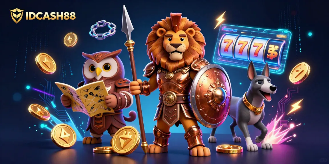 Spin the reels at IDCASH88 with a fierce Spartan lion, a tactical owl, and a swift greyhound surrounded by crypto elements.