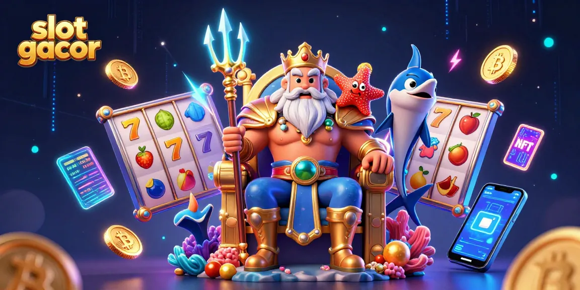 Spin the slot gacor with sea king Neptune surrounded by vibrant slot elements and cryptocurrencies.