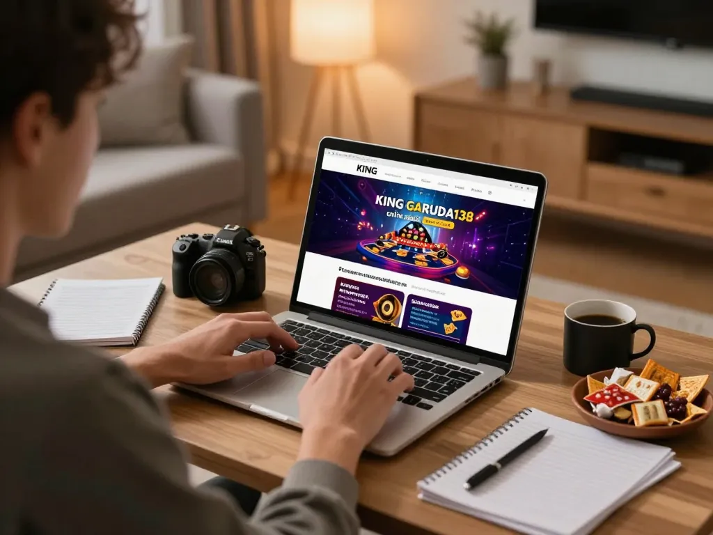 Engaging in strategic online gambling at KING GARUDA138 platform in a cozy home setting.