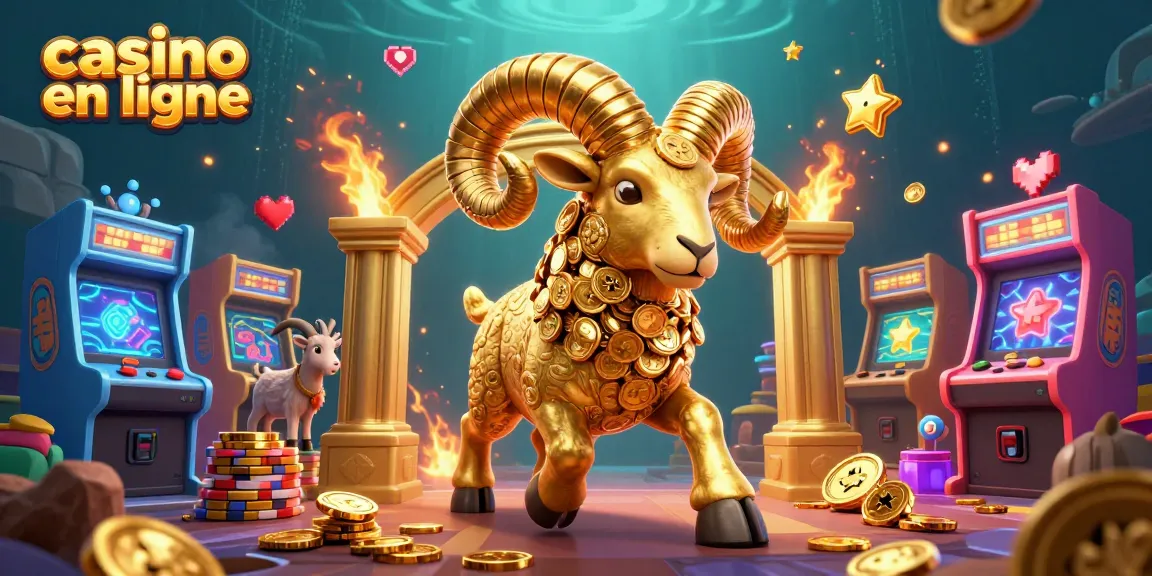 Jouez sur le casino en ligne avec le bélier en or et les machines à sous colorées autour.