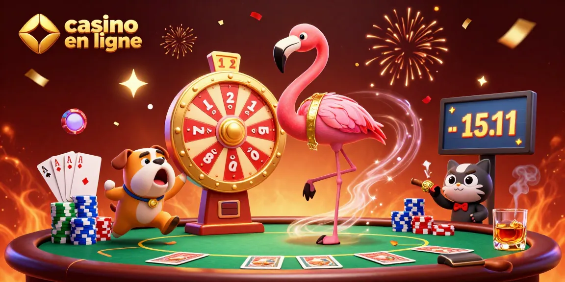 Illustration de casino en ligne avec un hôte de jeu flamant et un bouledogue gagnant entouré de jetons et jeux de table.