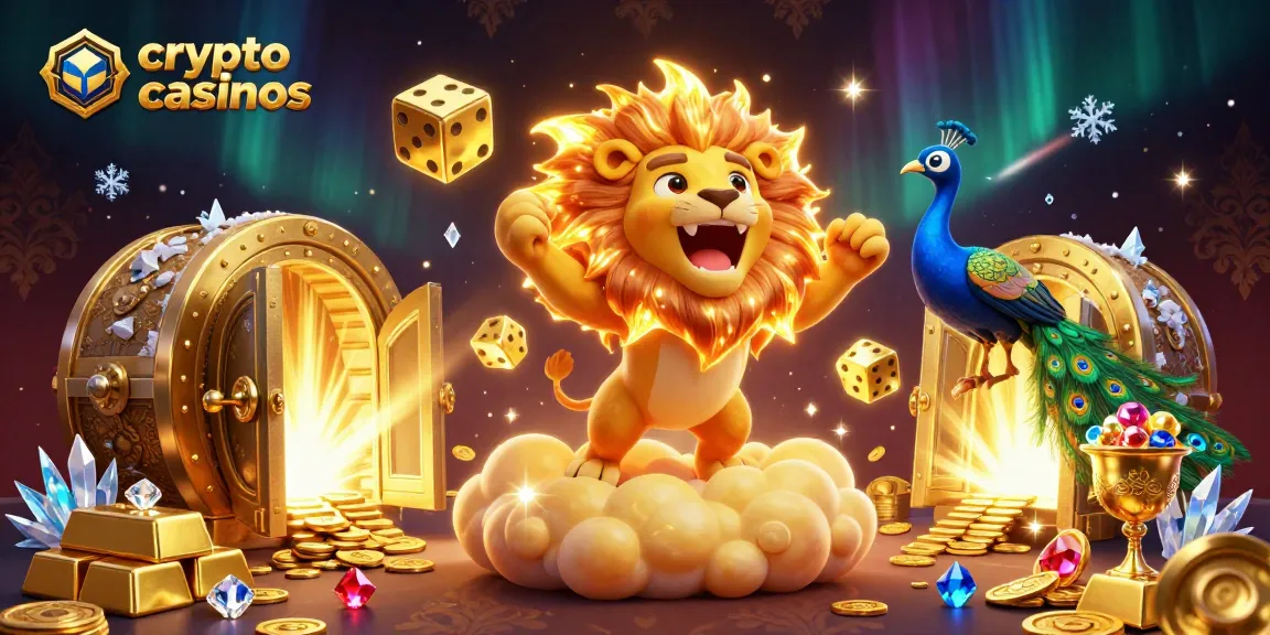 Illustrez l'excitation des crypto casinos avec un lion ensoleillé et des trésors brillants.