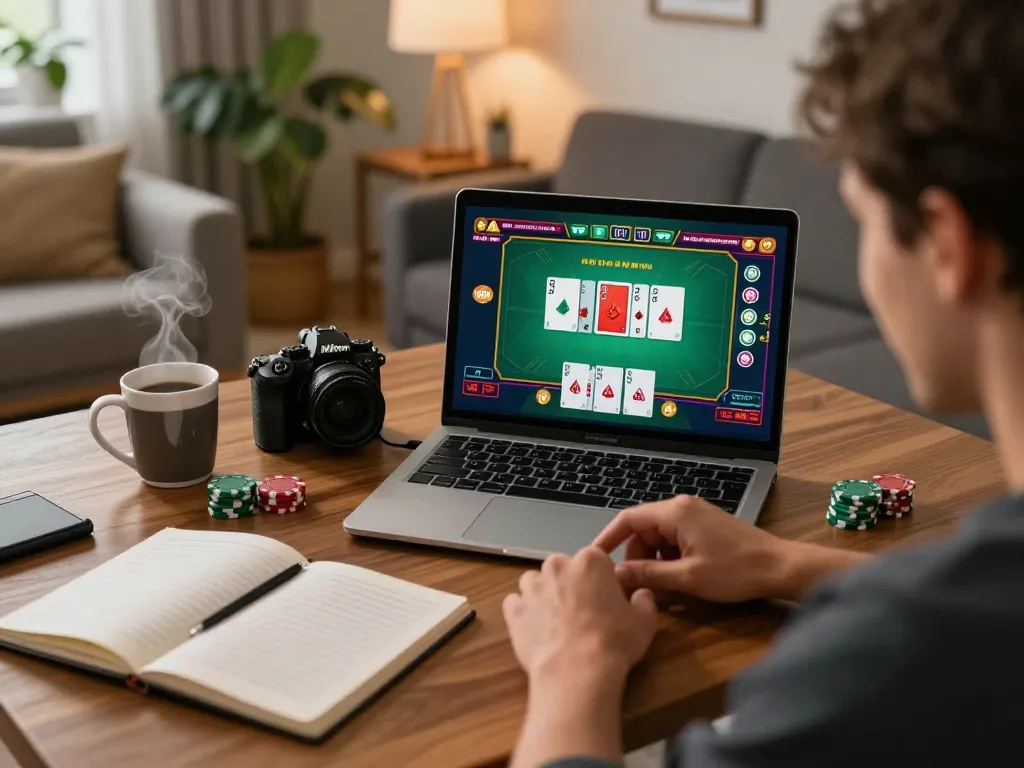 Player enjoying blackjack at home on sites not on gamstop, showcasing strategy and engagement.