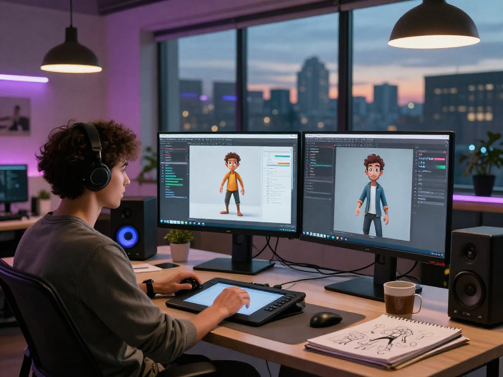 Digital artist creating character AI nsfw designs in a modern studio