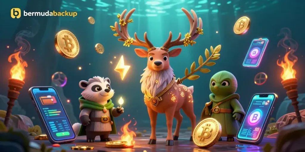 Engage with bermudabackup's vibrant gambling scene featuring a mystical stag and crypto elements.