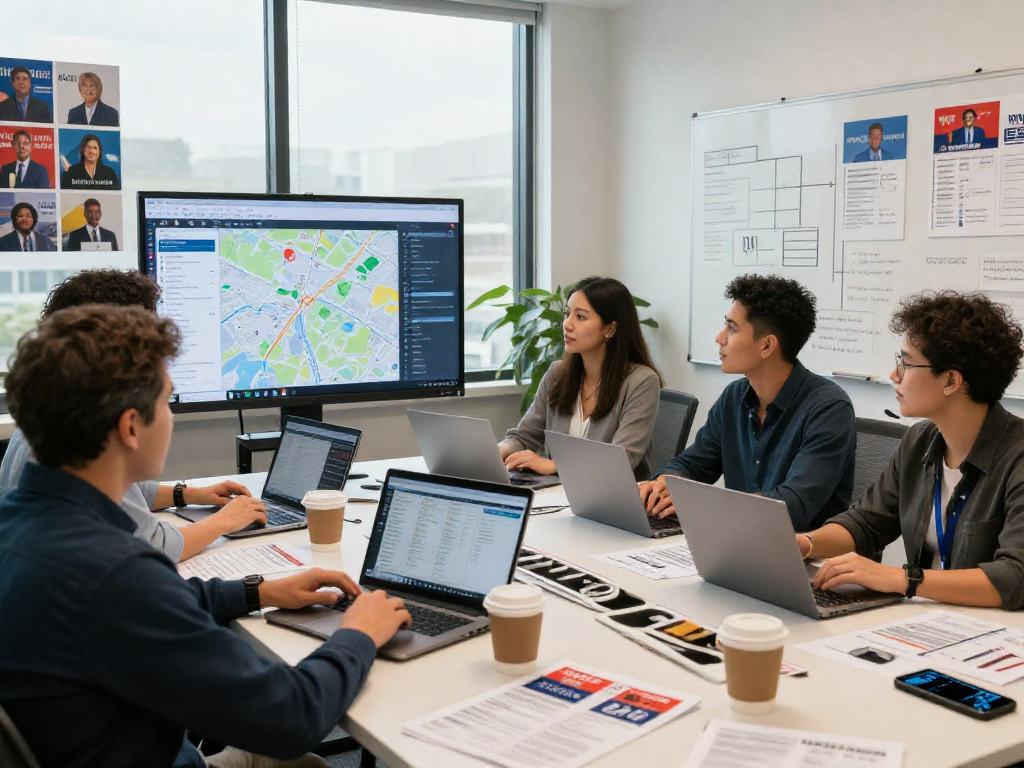 Collaborative team strategizing political search advertising with voter data in a modern workspace.