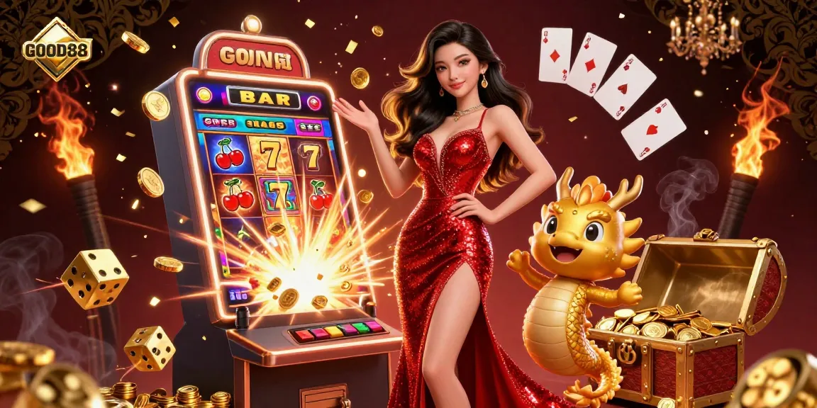 Engage with immersive gaming at GOOD88 with a stunning casino scene featuring Asian beauty and golden dragon.