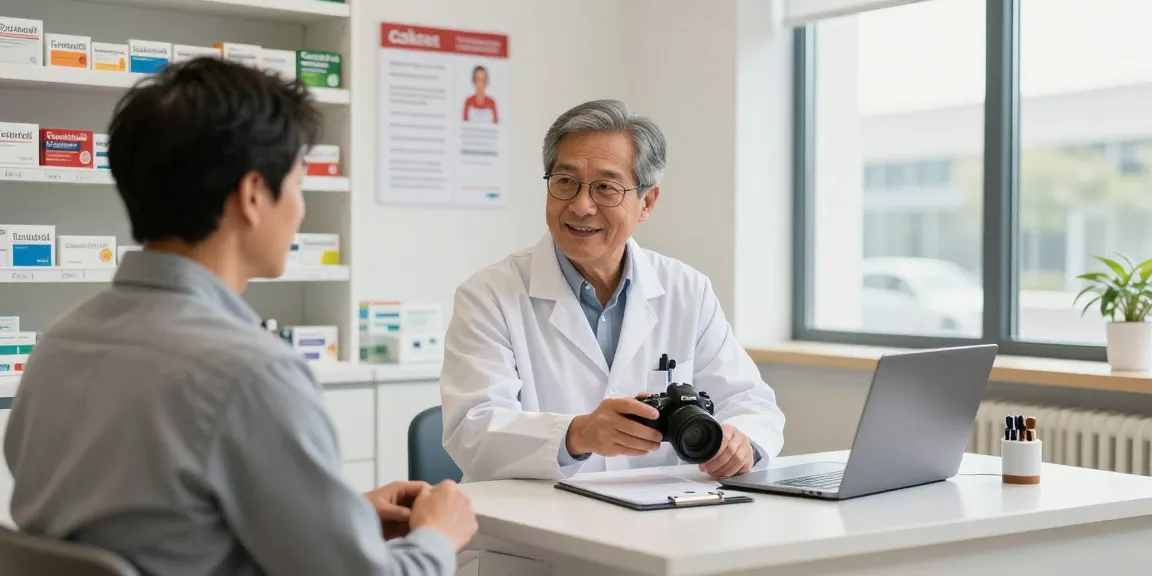Tadalafil consultation scene in a modern pharmacy with a pharmacist assisting a patient on erectile dysfunction treatments.