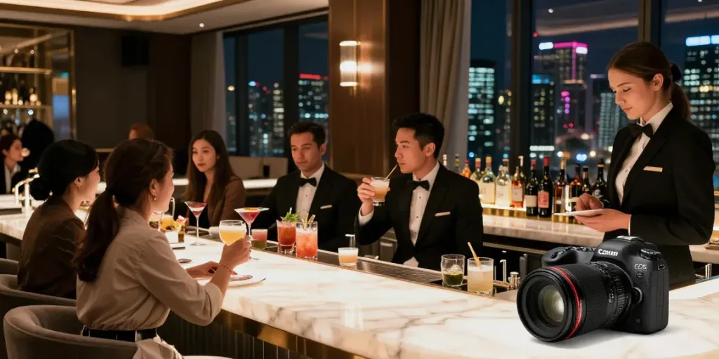 강남타이밍에서 고급 음료를 즐기는 손님들과 우아한 호스트가 있는 럭셔리 라운지 바의 내부 모습