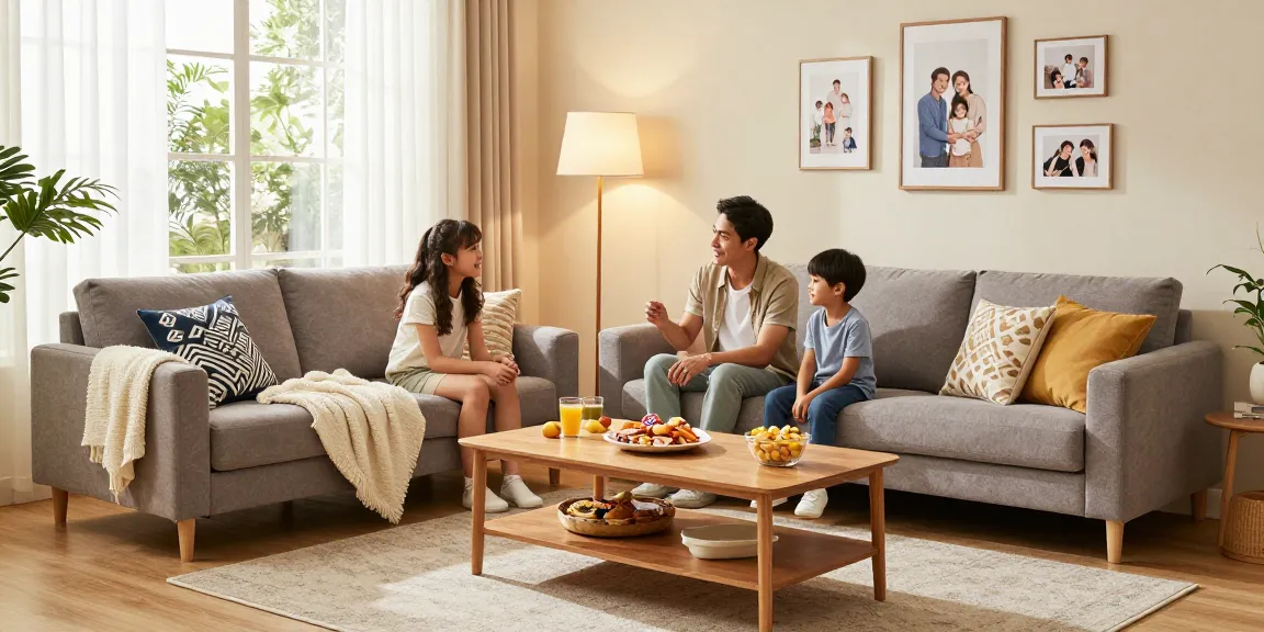 Cozy living room with family enjoying game night, showcasing depo 5k furniture.