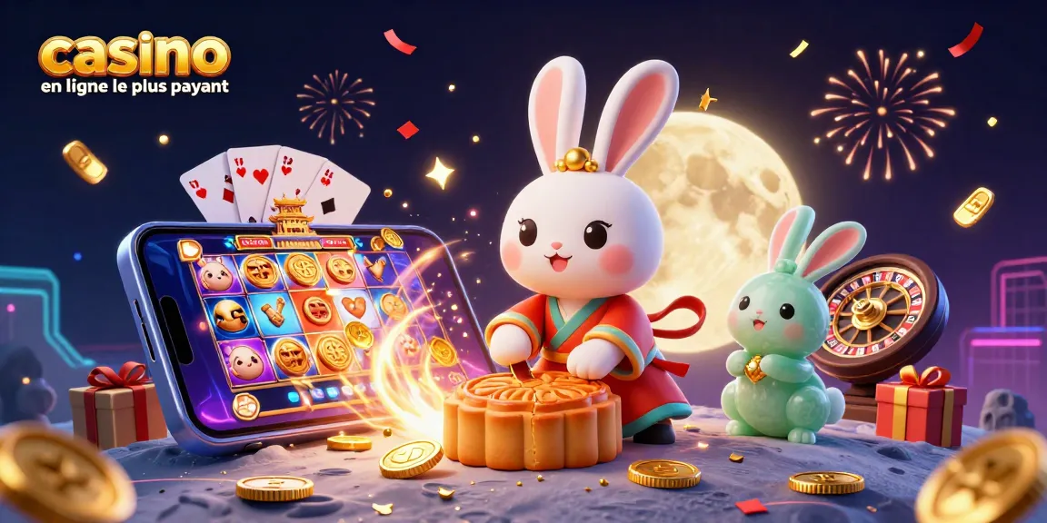 Illustration de casino en ligne le plus payant avec un lapin de lune et des jetons de poker.
