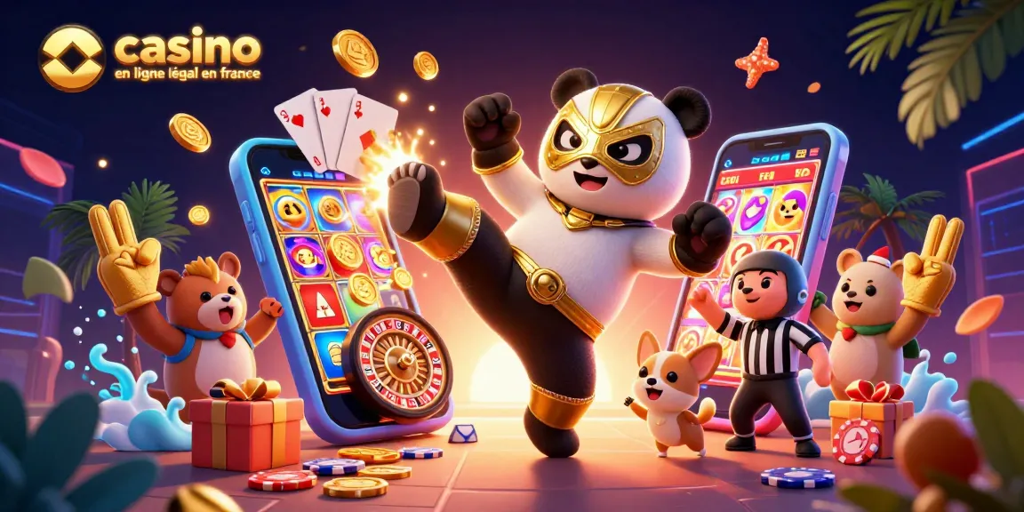 Illustration dynamique d'un casino en ligne légal en France avec un panda lutteur et un chihuahua arbitre.