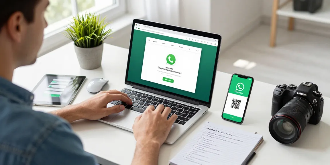 User interacting with WhatsApp網頁版 at a modern workspace, demonstrating seamless online communication.
