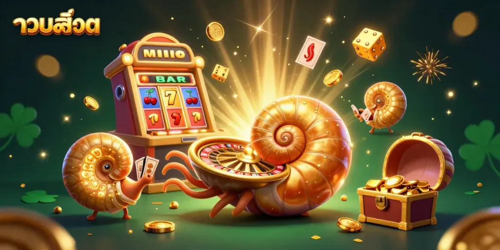 Engage with รวมสล็อต through an exciting 3D illustration of casino games and vibrant elements.