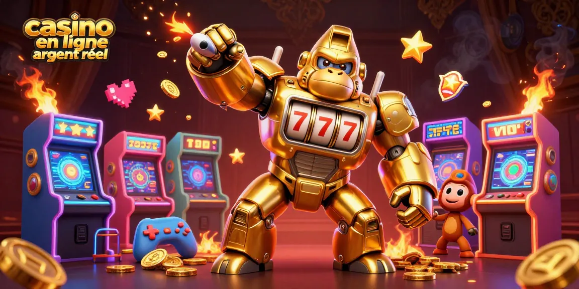 Jouez sur un casino en ligne argent réel avec un mech gorille doré en action et des éléments de jeux dynamiques